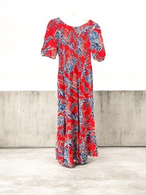 Sincerely Jules Red Maxi Dress with Blue and White Tropical Print size xs,